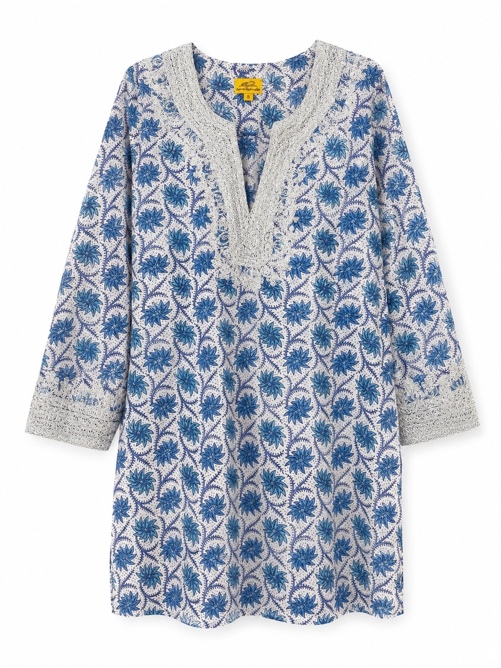 Roberta Roller Rabbit Embellished Tunic Top Sz S‎ Blue Floral Boho Resort